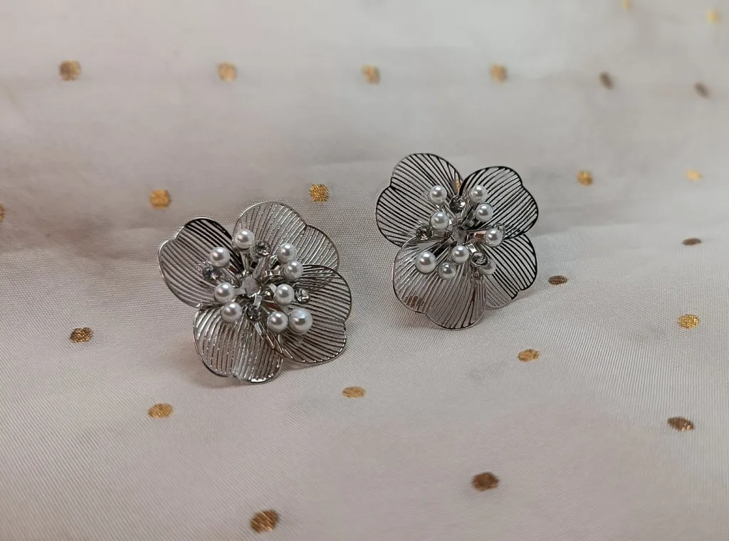 Silver-Plated Filigree Floral Studs with Pearl Accents